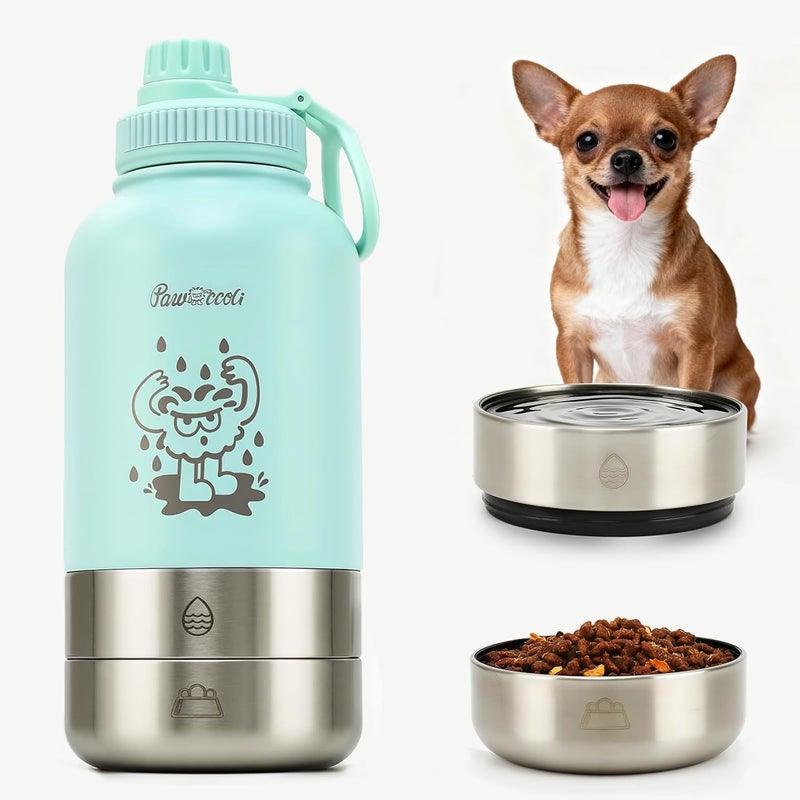 Pawccoli 34oz Dog Water Bottle, Stainless Steel Dog Water Bottle Dispenser with Detachable Food & Water Bowls, Keeps Water Hot/Cold, for Walking, Hiking, Camping(Pale Blue) - Image 1